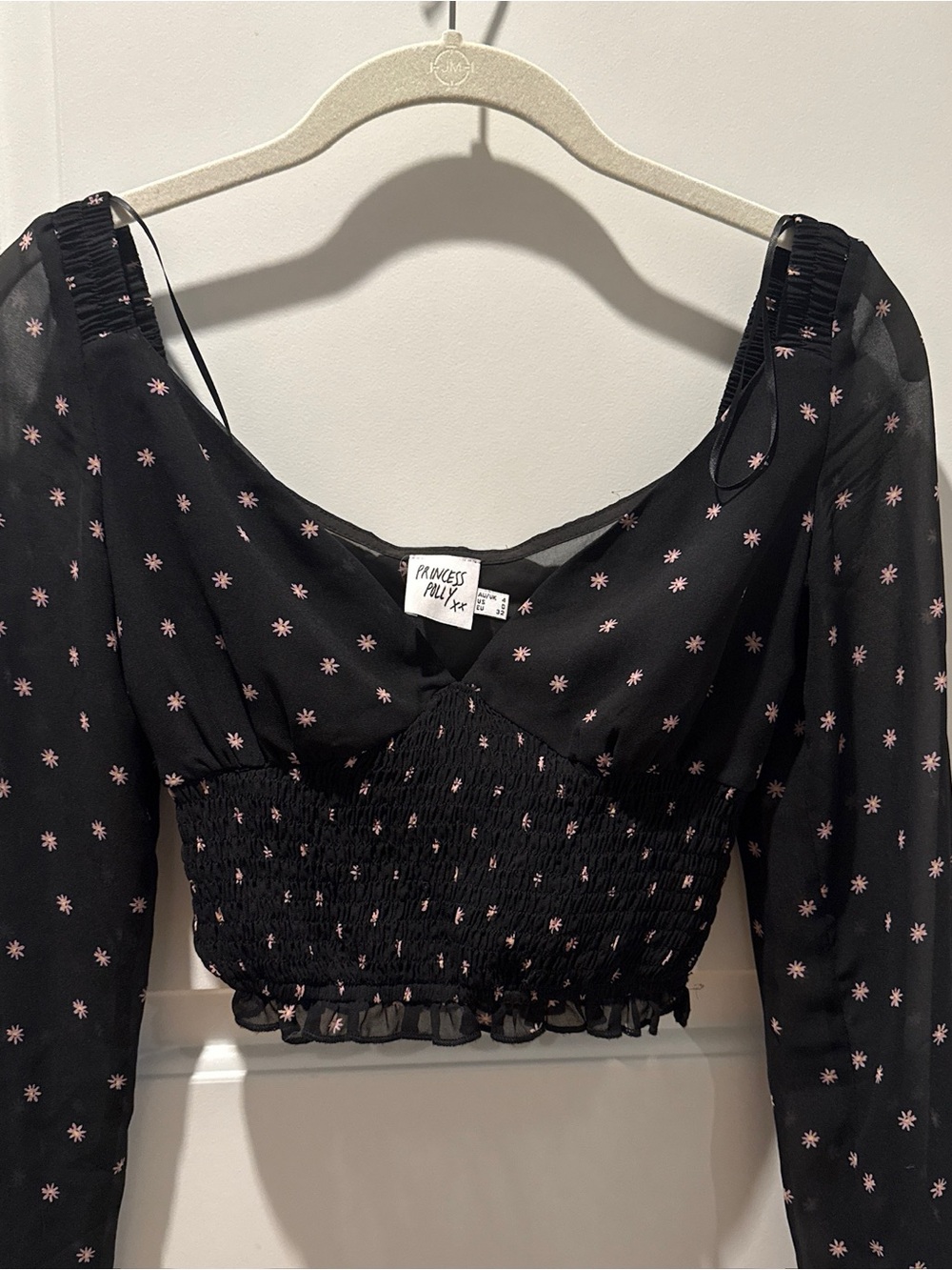 Princess Polly Black Smocked Crop Top with Pink Star Ditsy